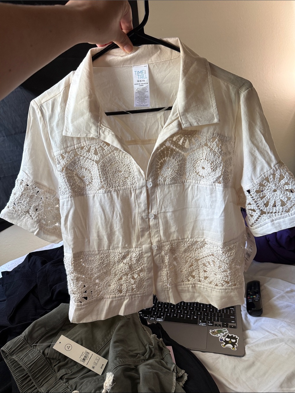 Time and Tru Cream Crochet-Panel Button Front Shirt